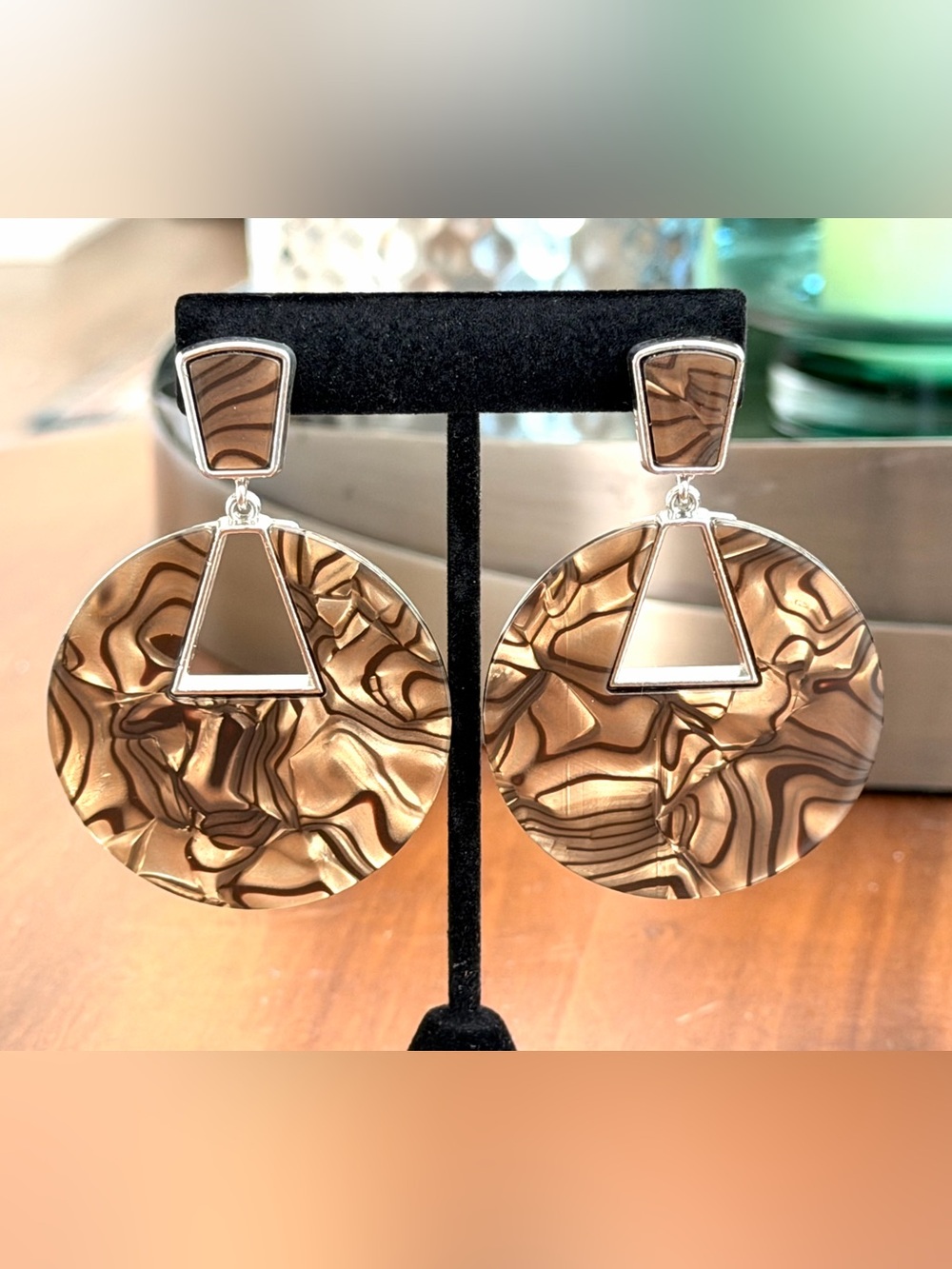 Vintage Brown Bronze Acrylic Statement Earrings Geometric Pierced